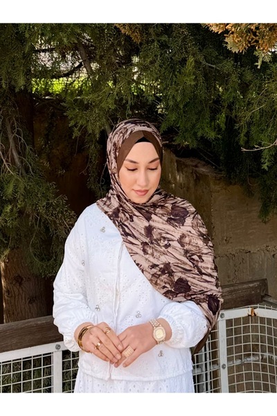 MİNELEŞARP34 Mineşarpt Floral Patterned Bamboo Shawl – Silk Texture, Non-Slip, Lightweight & Stylish for Daily Use, Beige/Coffee Tone