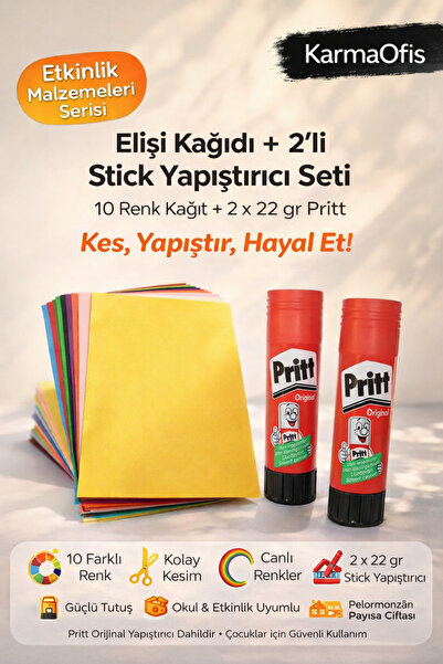 KarmaOfis 10’lu Elişi Kağıdı A4 + 2’li 22 gr Pritt Stick Yapıştırıcı Seti | R...