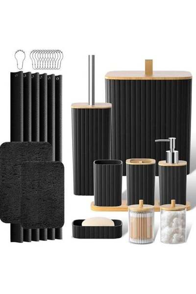 Arabest طقم إكسسوارات حمام مكون من 24 قطعة مع ستارة دش وسجاد، باللون الأسود
