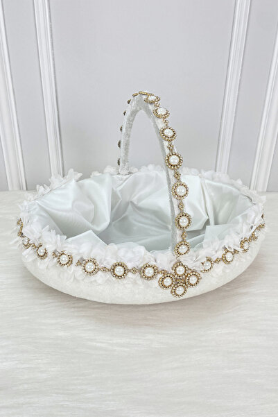 ZEYMERADE White Bridal Basket, Velvet, Pearl Stone and Flower Decorated, Henn...