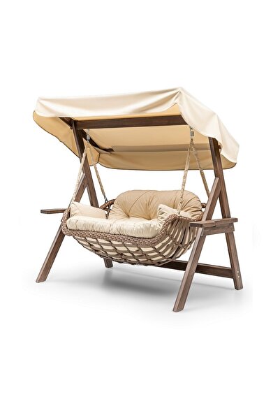 Hier Bafra Swing Ahşap Rattan Salıncak Dış Mekan Bahçe Balkon ve Teras Salıncağı
