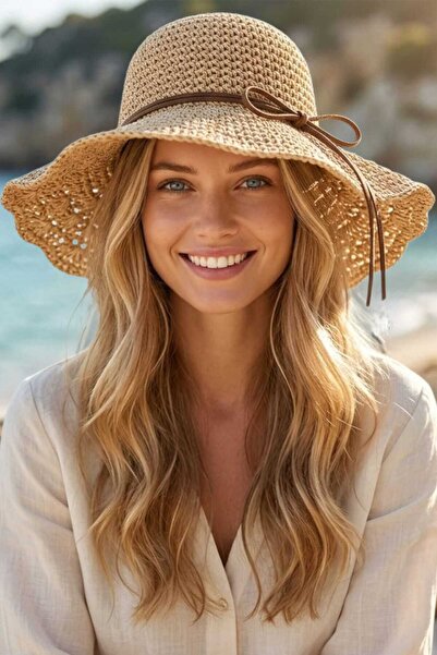 Mood Agenda قبعة نسائية صيفية من القش بتصميم شبكي وحافة واسعة، قبعة شاطئ بوهيمية