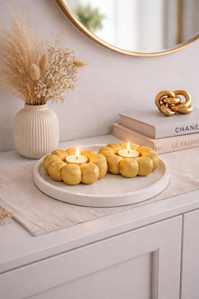 BUBUHOMEDECOR 2li çiçekli sarı yaldızlı simli tabaklı set