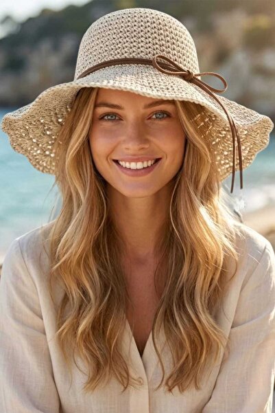 Mood Agenda قبعة نسائية صيفية من القش بتصميم شبكي وحافة واسعة، قبعة شاطئ بوهيمية