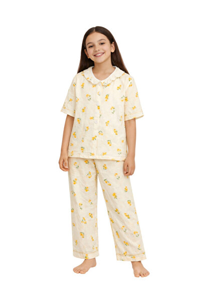 Victor and Jane Girls Floral Printed Muslin Cotton Pyjama Set with Puff Sleeves