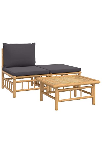 vidaxl Set mobilier de grădină, perne gri închis, 3 piese, bambus