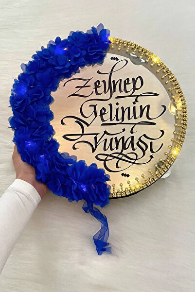 ZEYMERADE Saks Mavi Ledli Şeffaf Gelin Tefi 32cm 3d Çiçek Parlak Taşlı Düğün ...