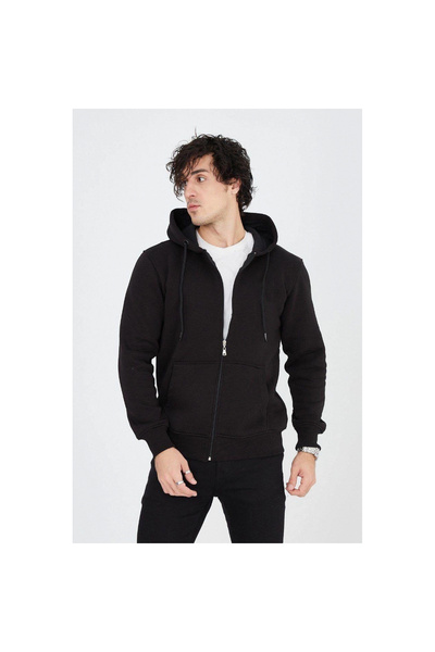 Narnuga Hooded Plain Zippered Cardigan - Black -