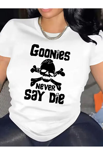 LİNA06 تي شيرت نسائي بأكمام قصيرة مع رسومات جمجمة قوطية عصرية وياقة دائرية