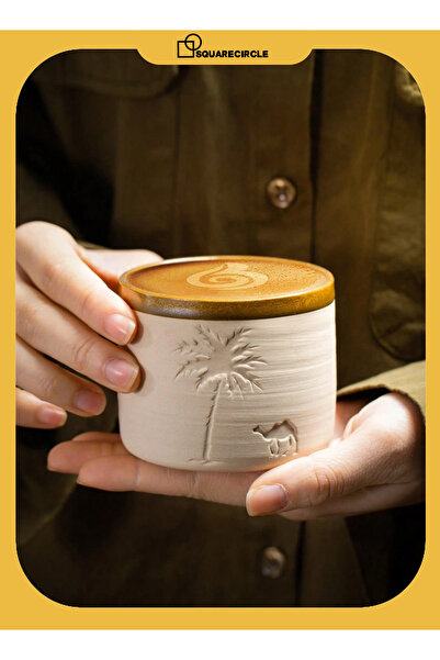 Squarecircle كوب قهوة سيراميك بتصميم نخيل الصحراء والجمل سعة 310 مل، قابل لإع...