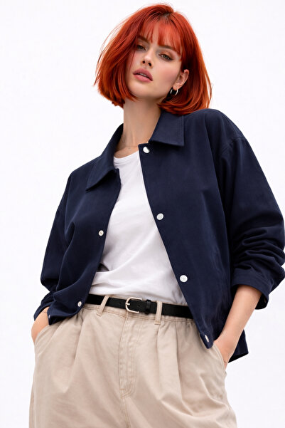 Royalside Women's Navy Blue Oversize Seasonal Gabardine Jacket with Snap Detail