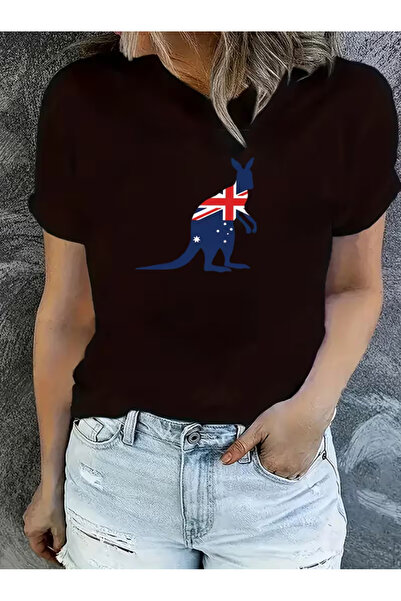 LİNA06 تي شيرت نسائي كاجوال بأكمام قصيرة مع رسومات علم أستراليا والكنغر