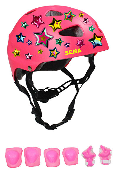 Sportaj Pembe Kask Dizlik Dirseklik Seti Yıldızlar ve Harfler Stickerlı Pembe...
