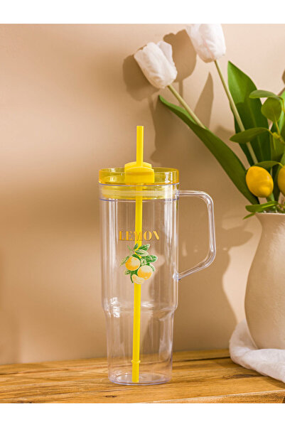 LC Waikiki Rmz Gi̇yi̇m Farkiyla Lemon Printed Glass Cup with Straw 1200 ml