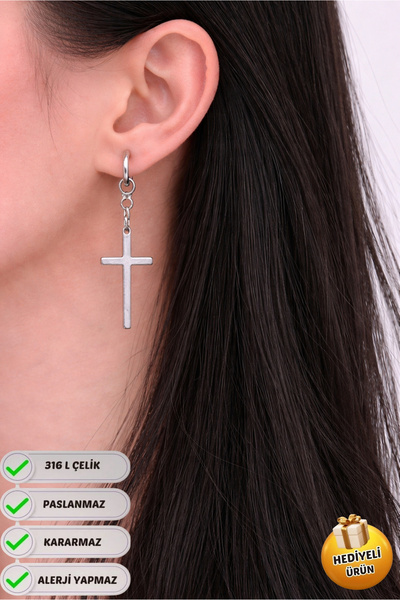 Piercing Market Steel & Silver Çelik Özel Tasarım Sallantılı Hediyelik Haç Çi...