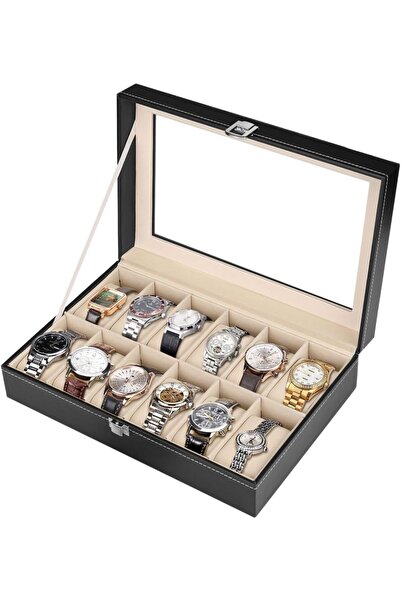 Arabest 12 Slot Leather Watch Box,Jewelry Box Display Case Organizer with Fra...