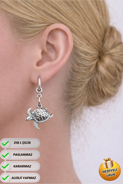 Piercing Market Steel & Silver Steel Special Design Dangle Gift Caretta Double Earrings Do Not Tarnish or Fade