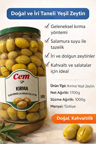 Cem Kırma Yeşil Zeytin 1000g – Salamura, Doğal, İri Taneli, Kahvaltılık Zeytin