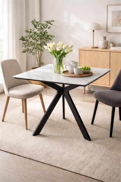 Crestj Modern square cafe table with a white marble-effect ceramic top and a ...