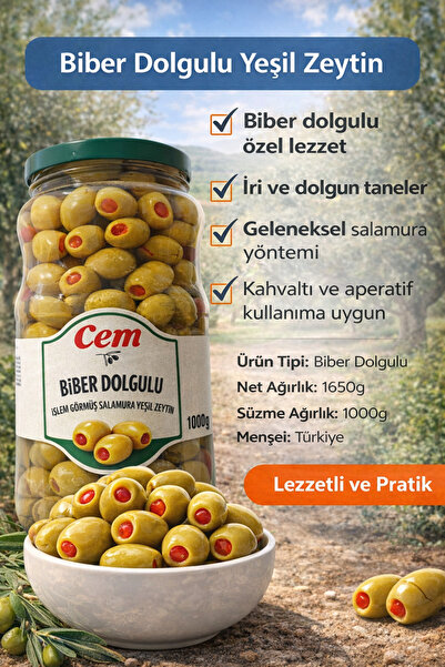 Cem Biber Dolgulu Yeşil Zeytin 1000g – İri Taneli, Salamura, Kahvaltılık Zeytin