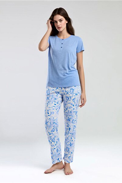 Loule Women's Blue Short Sleeve Button Detailed Pajama Set