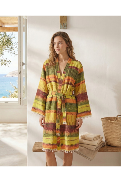 NAURA Concept Halat kimono cu buzunare și franjuri, cu model etnic, 100% bumb...