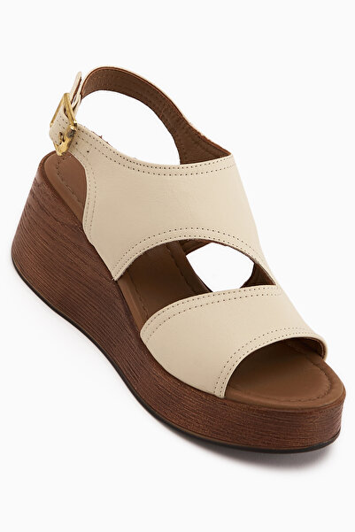 Limoya Olea Genuine Leather Beige Wedge Heeled Women's Sandals