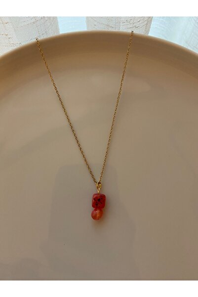 Anetta Jewelry Kadın altın renk pembe akik doğaltaş Çelik kararmaz kolye