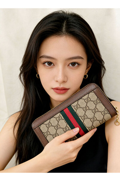 GÜCÜN Monogram Striped Webbing Long Canvas and Leather Wallet