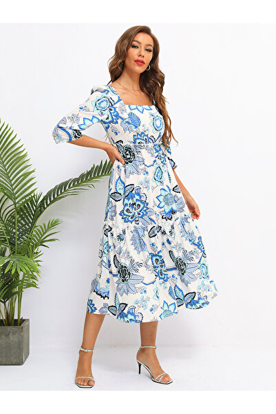 FridayIn فستان نسائي بوهيمي بياقة مربعة وتصميم زهور، فستان متوسط الطول للياقة...