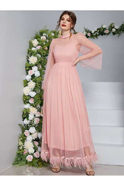 FridayIn فساتين طويلة أنيقة بياقة مستديرة ولون واحد وأكمام واسعة من قماش الشبك