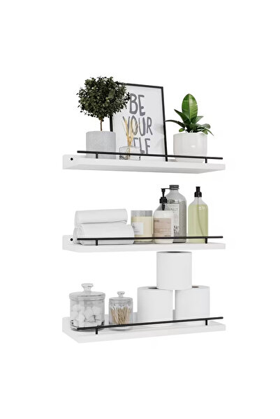 Sumkyle 3pieces Floating Shelves with Black Metal Guardrail, for Bedroom, Bat...