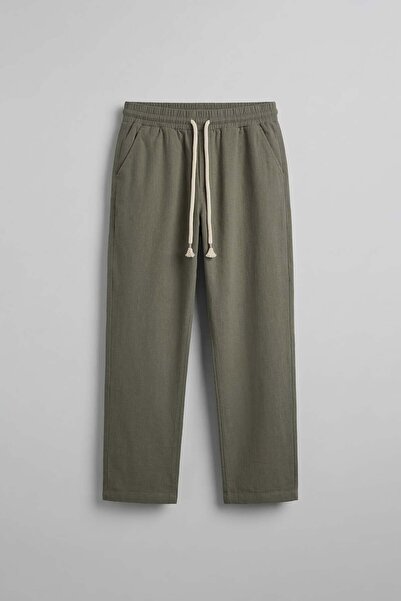 ablukaonline Ανδρικό παντελόνι με φαρδιά εφαρμογή, κορδόνι και λινή όψη, χακί