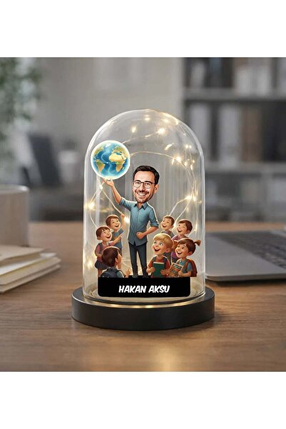 Bk Gift Kişiye Özel Erkek Öğretmen Tasarımlı Karikatür Led Işıklı Cam Fanus B...