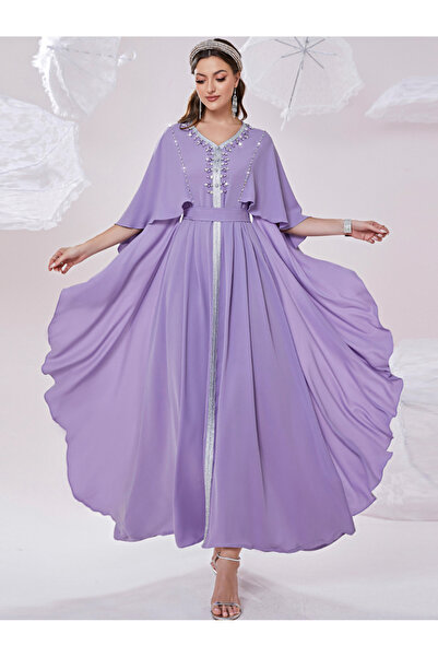 FridayIn Sweet V-neck Solid color Rhinestone Regular sleeve Kaftan