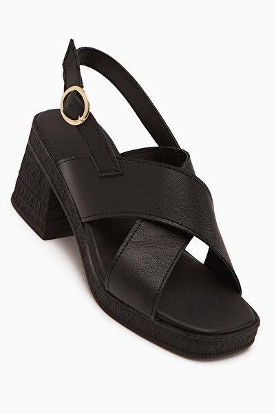 Limoya Sandale de damă Hena din piele naturală, negre, cu toc și bretele încr...