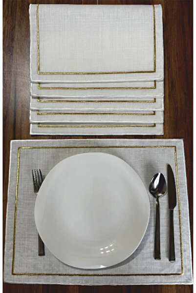 2Ddesign 6 Kişilik Leke Tutmaz Keten Kumaş supla- Kenarı Nakışlı Amerikan Servis