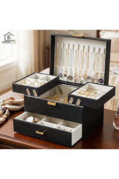 Elindor ® Jewelry Box Organizer with 3 Levels, 1 Drawer, Storage Space for Ri...