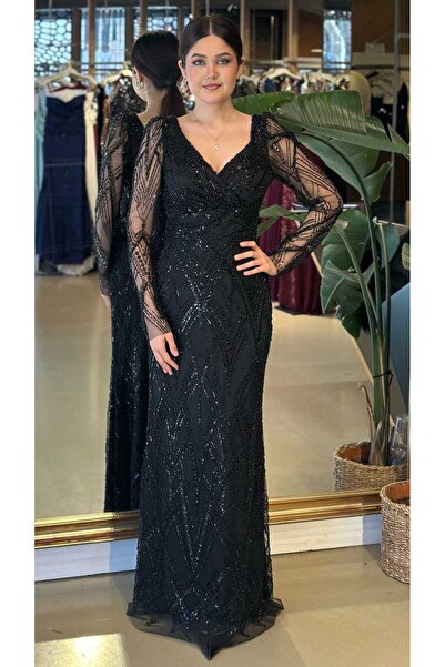 Abiyeniall Parlak Siyah V Yaka Uzun Kollu Düz Kesim Pullu Boncuklu Uzun Abiye...