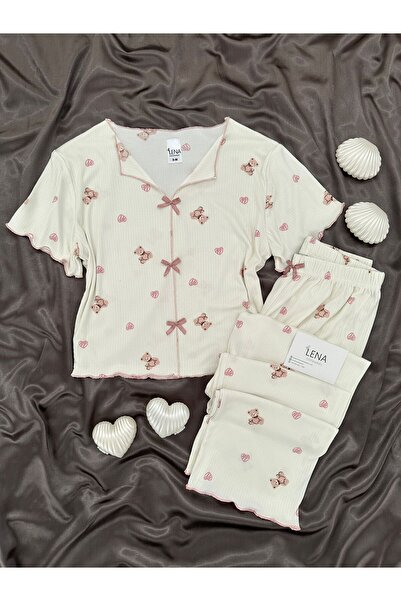 Lena Homewears Γυναικείο σετ πιτζάμες με σχέδιο αρκουδάκι σε χρώμα εκρού και ...