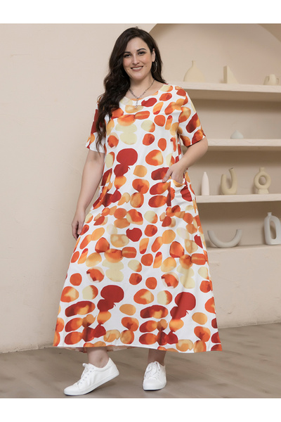 FridayIn Sweet Round neck Color contrast Dots Pocket Regular sleeve Plus Size...