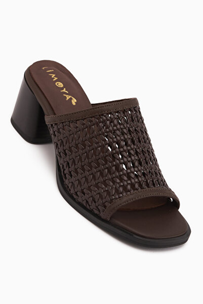 Limoya Luzia Genuine Leather Brown Hand Knitted Heeled Women's Slippers