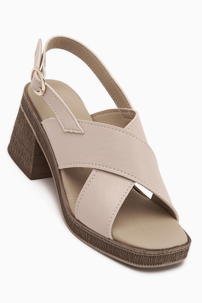 Limoya Sandale de damă Hena din piele naturală bej cu toc și bretele încrucișate