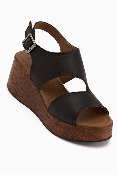 Limoya Olea Genuine Leather Black Wedge Heeled Women's Sandals