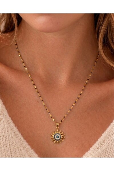 zahnaccessories Kadın 316L Çelik Gold Güneş Kolye - Nazar Boncuklu Işıltılı F...