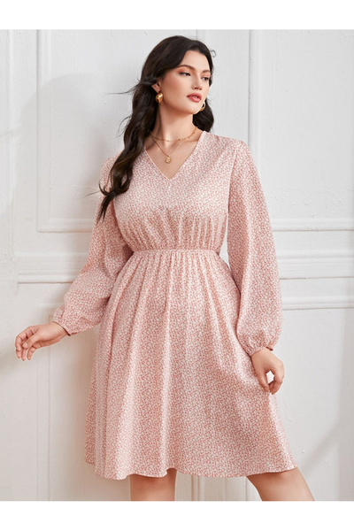 FridayIn Sweet V-neck Floral Splicing Lantern sleeve Plus Size Dresses