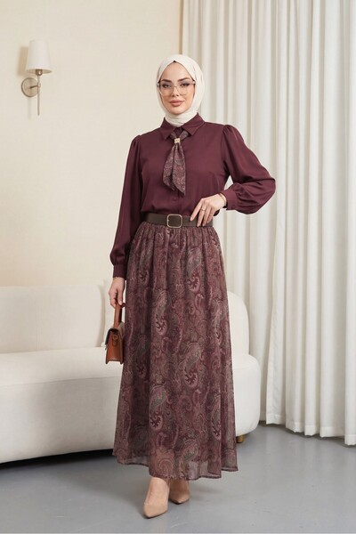 Modamorfo Buttoned Sleeves, Gathered Detail Skirt, Ethnic Patterned Suit - Bu...
