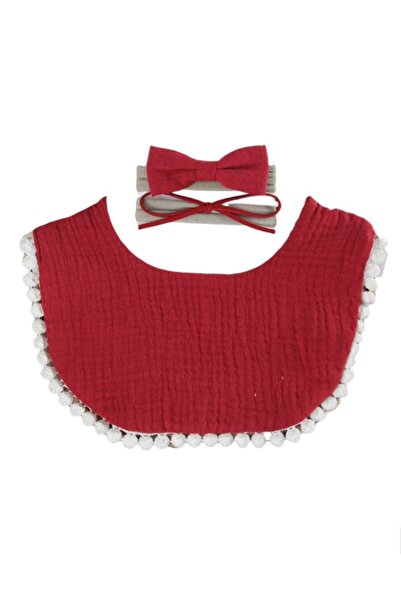 Bambimici -Sophia Set of Baby Bib and Ribbon Headband - Dark Red