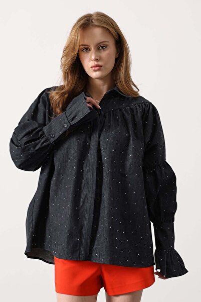 SHILSEE BEUTİQUE Women's Denim Shirt with Stone Accents on the Front and Ruff...