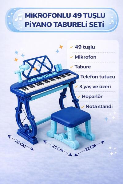 hak-iş oyuncak Mikrofonlu 49 Tuşlu Piyano Tabureli Seti Lacivert
